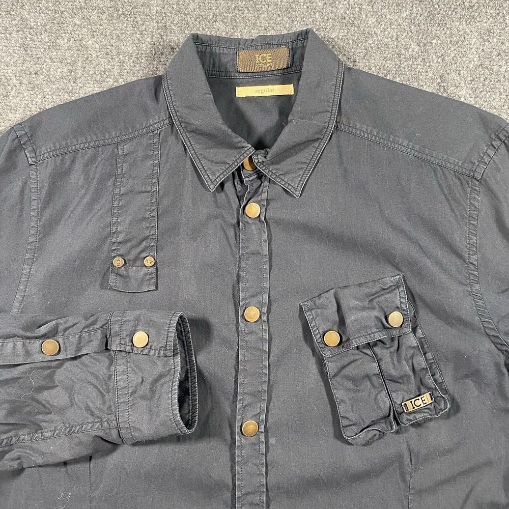 ICE Iceberg Long Sleeve Snap Shirt GILMAR Safari Faded Navy Blue Cotton Mens L